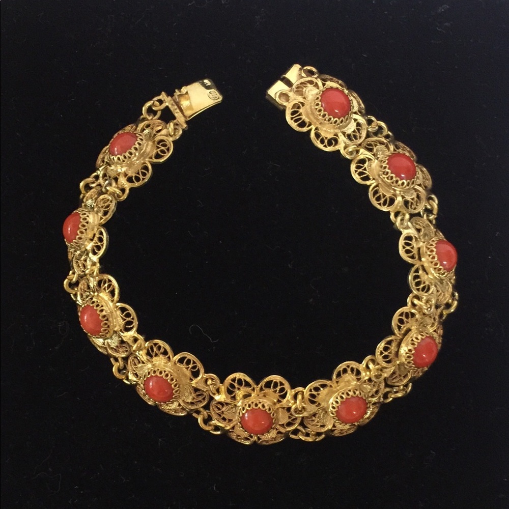 Vintage Silver Vermeil Coral Filigree Bracelet